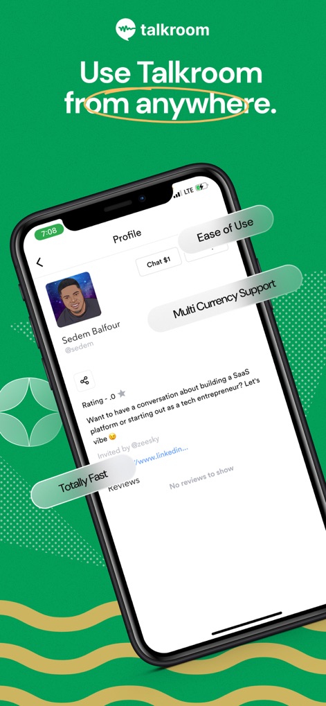 Make Money Chatting — Talkroom - Users can customize their personal "Profile" to highlight their expertise and easily set their per-chat rate using the visible "Chat $" indicator.