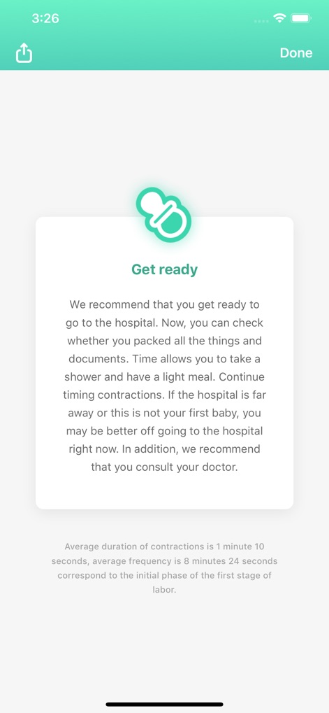 Contraction Timer & Counter 9m - 이 앱은 젖꼭지 아이콘이 있는 'Get ready' 팝업 메시지를 통해 병원 갈 준비 사항을 안내하며, 하단에는 초기 진통 단계의 평균 진통 지속 시간과 빈도 데이터를 제공합니다.