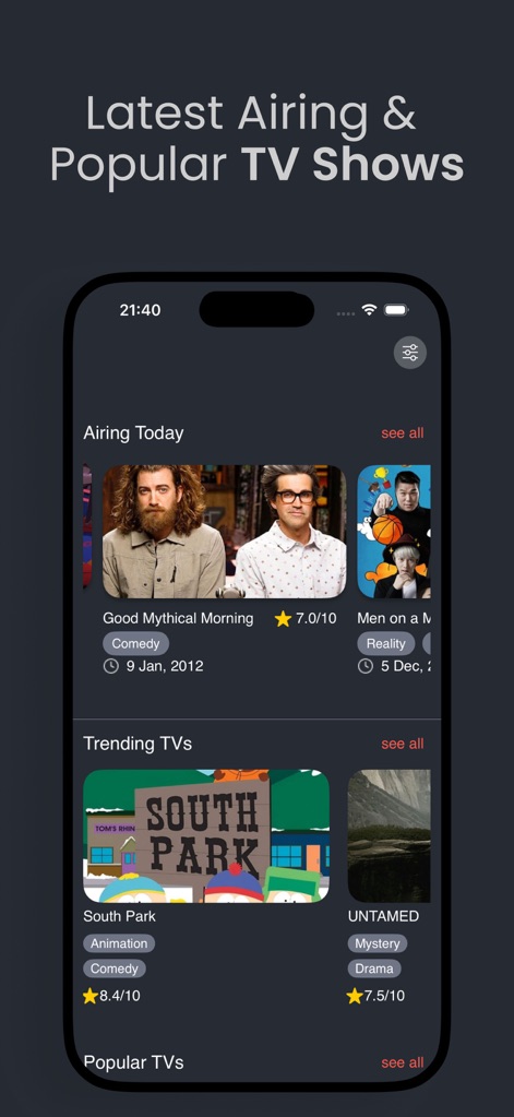 Xuper TV : Movies & TV Series - The app provides curated lists of 'Airing Today' and 'Trending TVs', showcasing current and popular series with their genre and ratings.