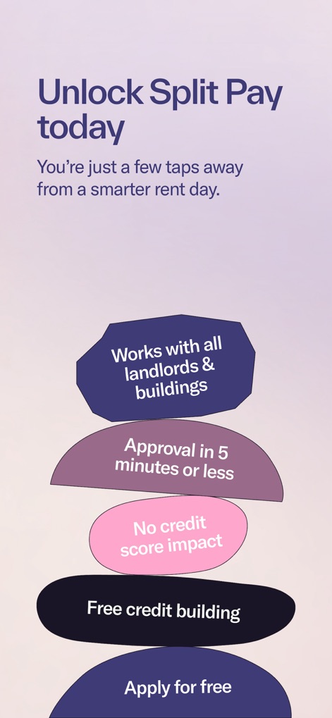 Split Pay by Rent App - Explore key benefits of Split Pay, emphasizing its compatibility that 'Works with all landlords & buildings' and the rapid 'Approval in 5 minutes or less' process for users.