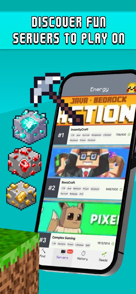 Find Diamonds!™ Minecraft Ores - O aplicativo exibe uma lista organizada de servidores, onde cada entrada detalha o nome do servidor e seus modos de jogo variados, como Skyblock e Prison, facilitando a escolha dos usuários.
