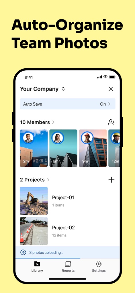 Timemark: #1 Job Photo App - Las fotos de los miembros del equipo se sincronizan automáticamente en un espacio de trabajo compartido visible en la lista de '10 Members', y se organizan eficientemente por '2 Projects', eliminando la dispersión de información.