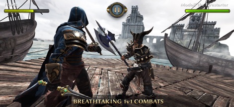 Fight Legends: Sword Fighting - Engage in thrilling 1v1 encounters set against breathtaking medieval backdrops, featuring clear combat UI elements like health bars and timers.