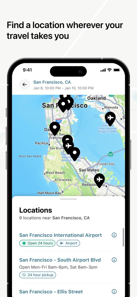 Hertz Rental Car, SUV, Van - The app displays available locations on an interactive map view and provides detailed service information like "Open 24 hours" status.