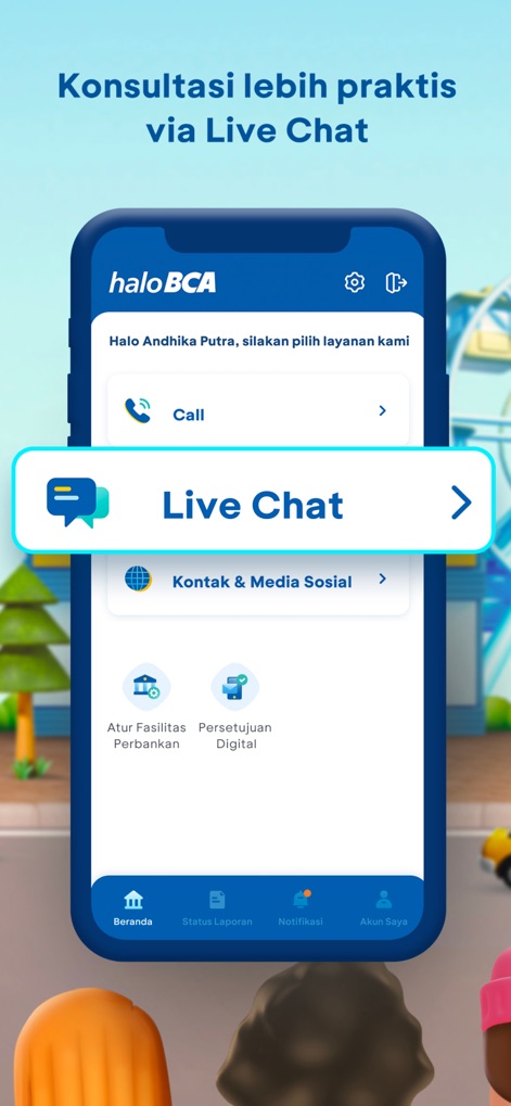 Halo BCA - La aplicación facilita la consulta directa mediante una opción destacada de "Live Chat", visible en el menú principal junto a otras opciones como "Call" y "Kontak & Media Sosial".