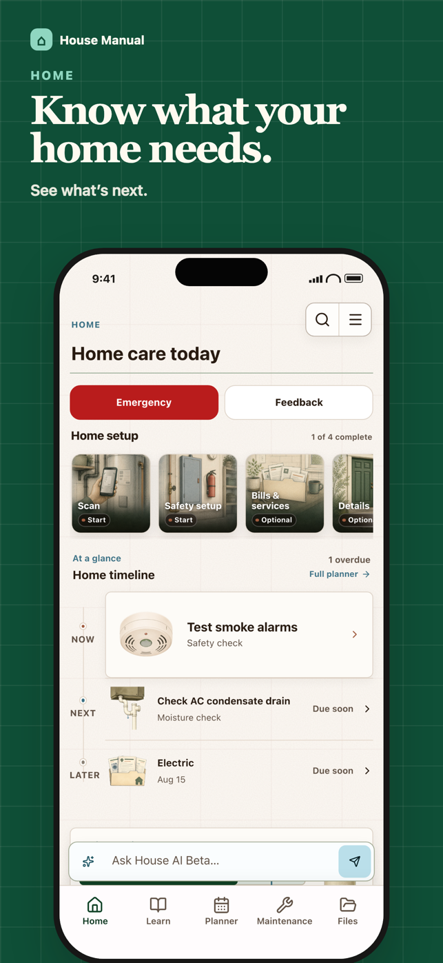 House Manual home screen showing setup, a home timeline, and upcoming care