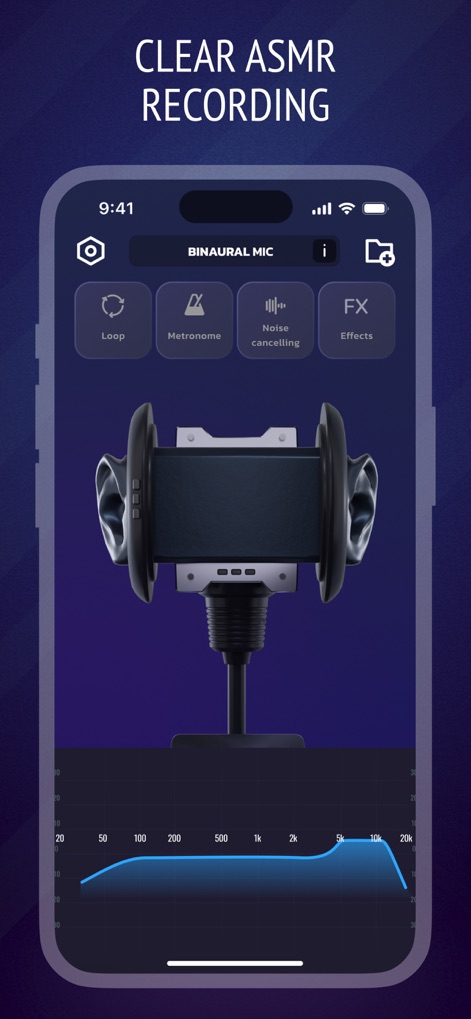 Pro Microphone: Voice Record - Para grabaciones especializadas, la aplicación incluye un impresionante "Binaural Mic" virtual que se complementa con un gráfico de respuesta de frecuencia detallado para una captura de audio inmersiva.