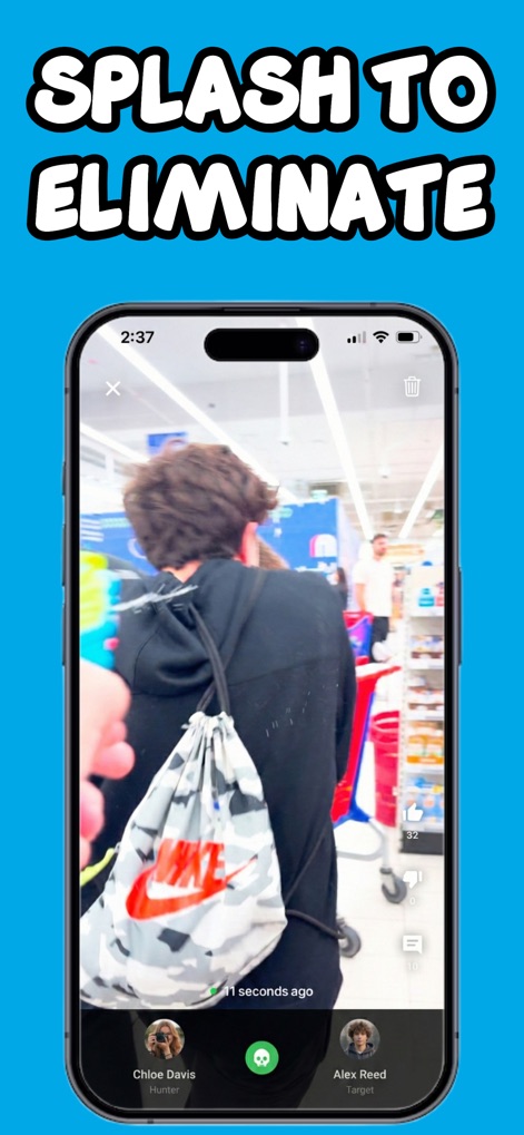 Senior Assassin - This screenshot demonstrates the in-app video capture feature, showcasing how users record and verify eliminations, alongside the clear hunter and target profile displays.