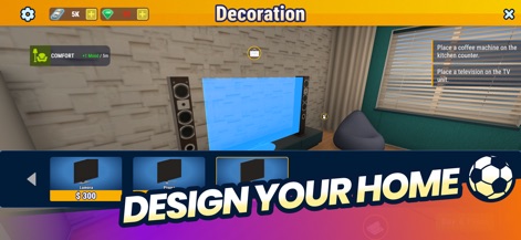 Soccer Life Simulator - Dive into the app's rich customization options, allowing users to personalize their player's living space with various furniture items like the "Lumora" sofa and "Piasra" table.