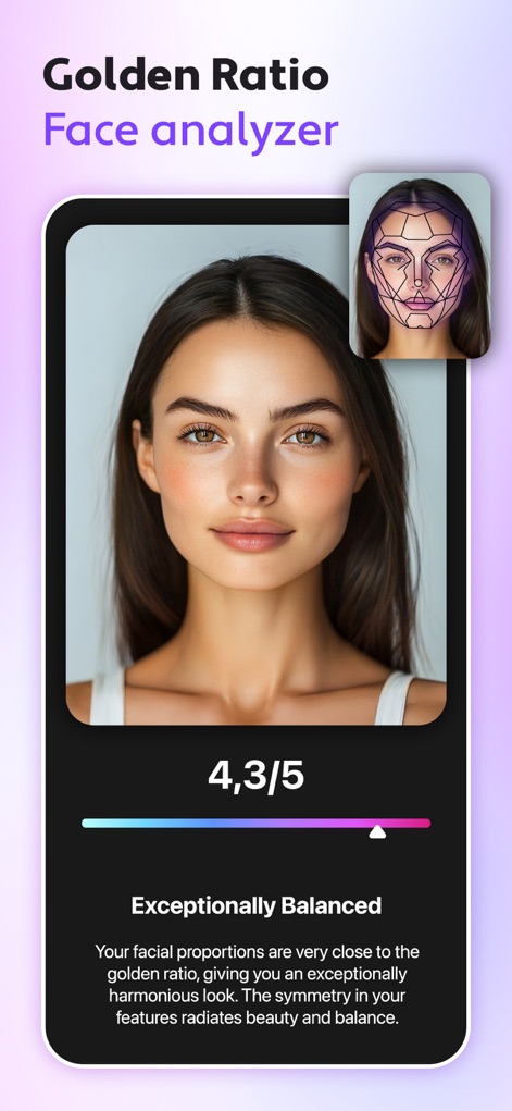 Cosmo: AI Editor, Hair Filters - This advanced face analyzer evaluates facial proportions against the Golden Ratio, presenting users with a clear score and a descriptor of their facial harmony.