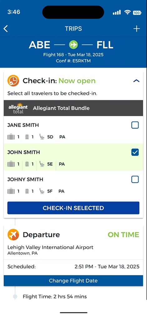 Allegiant - The app streamlines check-in, allowing users to select "multiple travelers" and view real-time "departure information" for their trip.