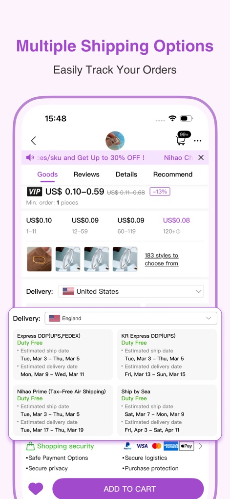 Nihaojewelry-Wholesale Online - Diese Seite beleuchtet die vielfältigen Versandoptionen, inklusive voraussichtlicher Lieferzeiten, und betont die Einkaufssicherheit durch die Darstellung bekannter Zahlungsmethoden.