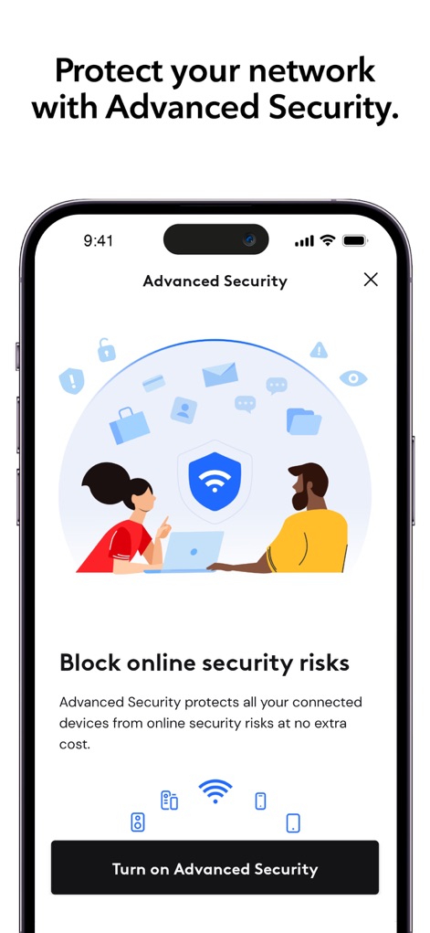 Rogers Xfinity - This screen highlights robust protection, showcasing the 'Advanced Security' shield icon and offering a clear 'Turn on Advanced Security' button for immediate activation.