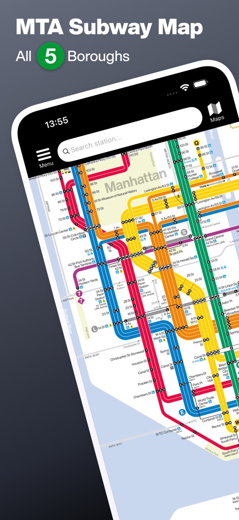 New York Subway MTA Map NYC - このアプリは、ニューヨークの全5区を網羅する公式MTA地下鉄マップを表示し、ユーザーは地図上の検索バーから簡単に目的地を見つけることができます。