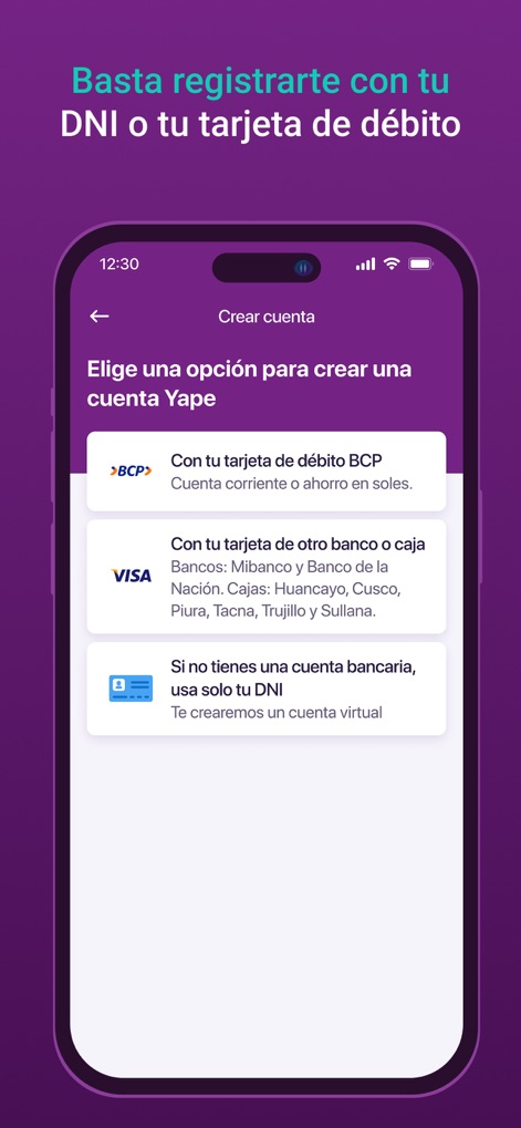 Yape - Explore the flexible account creation process, offering users multiple registration pathways including linking an existing debit card or simply using a national ID (DNI) for convenience.