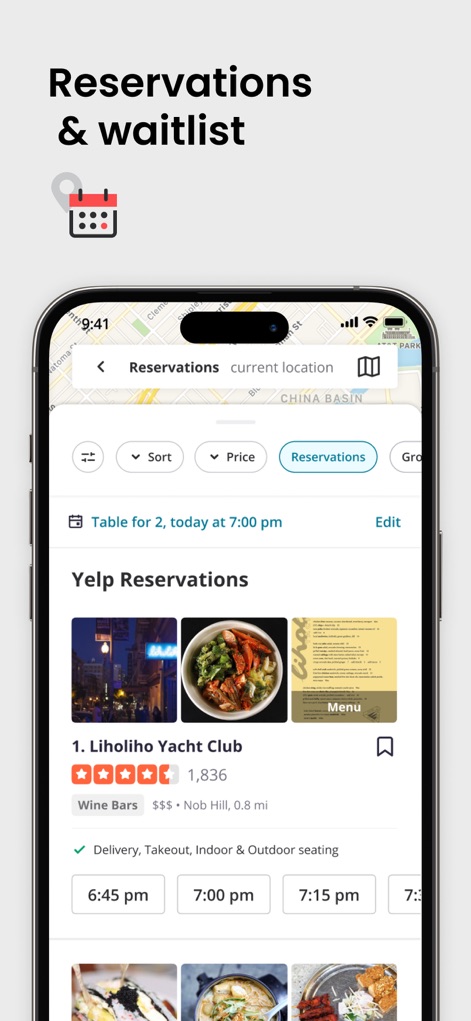 Yelp: Food, Services & Reviews - Os usuários podem fazer reservas em restaurantes, visualizando opções de mesas disponíveis e o horário selecionado para '2 pessoas'.