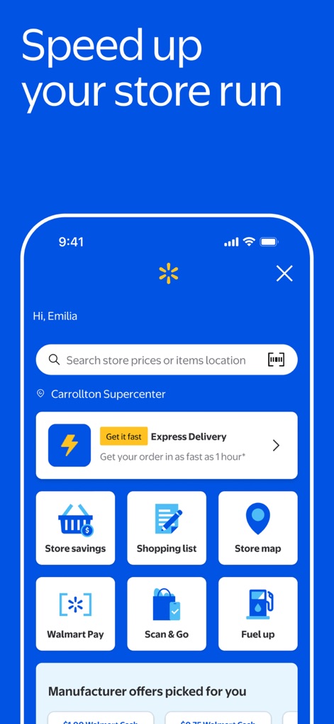 Walmart: Shopping & Savings - Users can quickly navigate store features like Express Delivery and the Store Map, streamlining their shopping process efficiently.