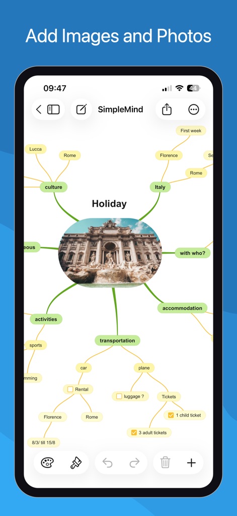 SimpleMind - Mind Mapping - This tool allows users to enrich their mind maps by embedding images, such as a holiday picture, directly into topic nodes for visual context.