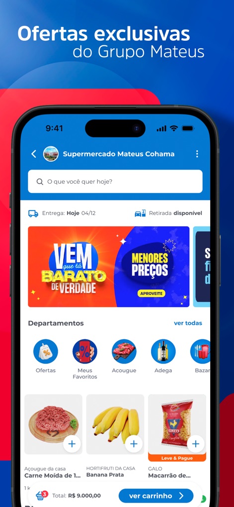 Mateus Mais - Esta tela apresenta banners promocionais vibrantes com 'menores preços' e uma organização por departamentos, facilitando a navegação dos usuários pelas categorias de produtos.