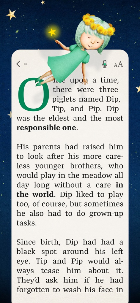 Readmio: Read Aloud Books - Engage with the app's clean reading interface, featuring a prominent microphone icon for voice recognition and an "AA" icon for text adjustments.