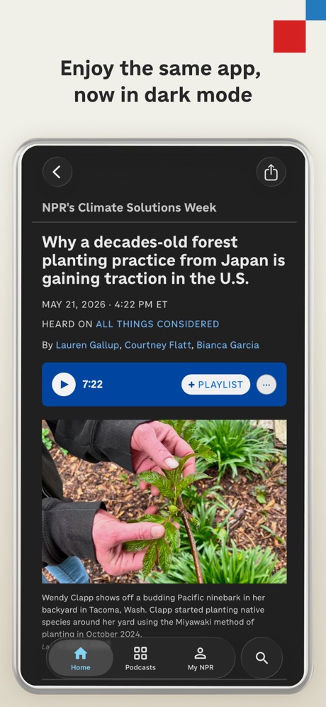 NPR: National & Local News App Store screenshot 6, headline “Enjoy the same app, now in dark mode”. Leads with what is new.