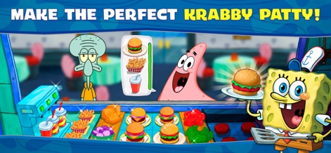 SpongeBob: Krusty Cook-Off - This scene captures the iconic Krabby Patty assembly station, allowing users to craft perfect burgers and serve beloved characters such as Patrick and Squidward awaiting their orders.