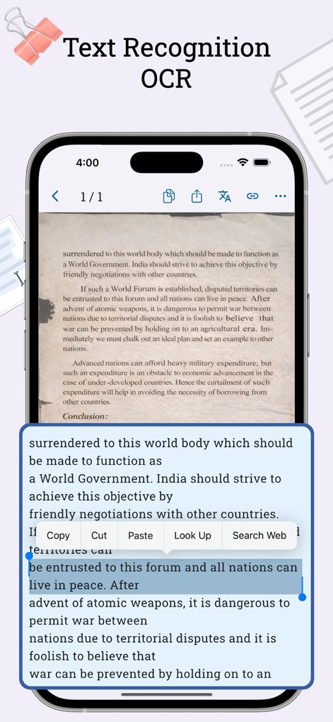 AI Scanner : Image to Text - Observe the app's advanced "Text Recognition OCR" feature in action, allowing users to select and interact with extracted text directly from an image.