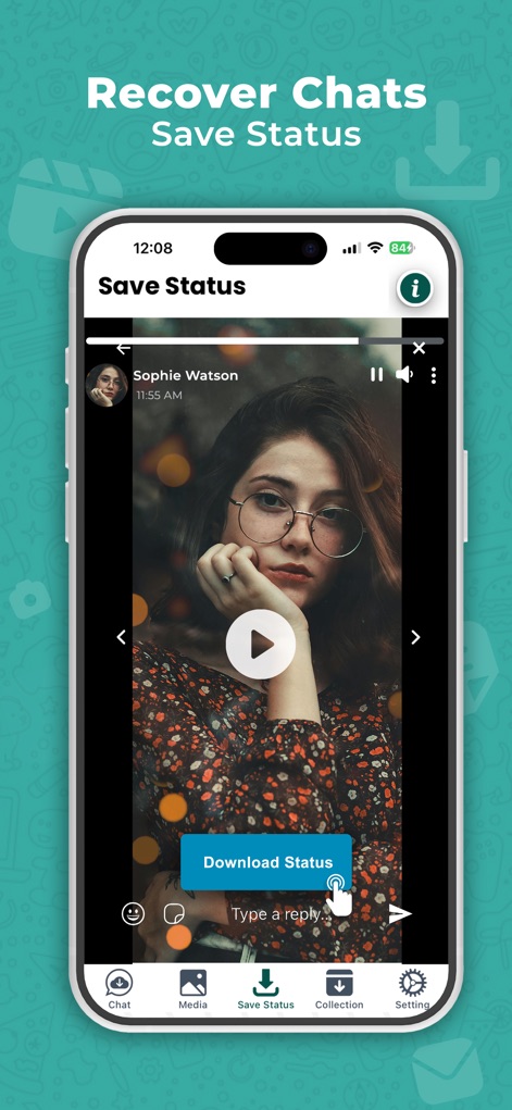 WAMR Recover Deleted Messages - Users can preview a video status within the dedicated "Save Status" screen and effortlessly download it using the prominent "Download Status" button.