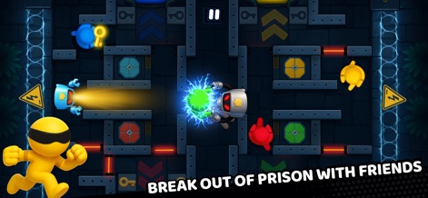 Stick Fun Party Mini Games - La aplicación presenta desafíos de escape con personajes stickman en un laberinto detallado y la búsqueda de una llave, ideal para el juego cooperativo bajo el lema 'BREAK OUT OF PRISON WITH FRIENDS'.