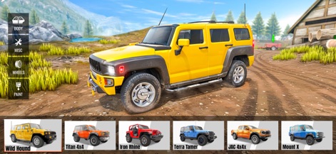 Real Offroad Jeep Driving Game - Los usuarios pueden personalizar su vehículo a través de opciones detalladas como "Body", "Misc", "Wheels" y "Paint", mientras que una selección diversa de vehículos 4x4 se muestra en la parte inferior.