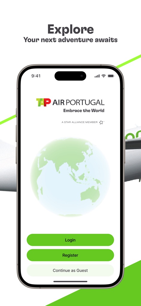 TAP Air Portugal - Users can begin their journey by choosing to 'Login', 'Register', or 'Continue as Guest', all presented alongside an inviting globe graphic.