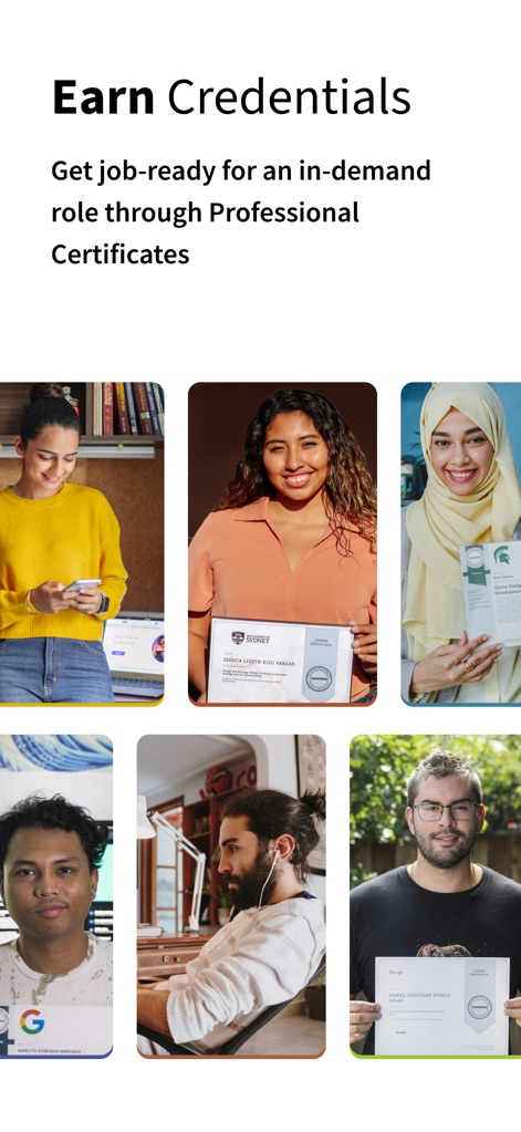 Coursera: Grow your career - Witness the tangible outcome of learning with the app, as diverse users proudly display their official certifications, underscoring the platform's value in career advancement.