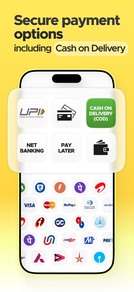 Blinkit: Groceries & more - The app provides a wide array of payment options, including 'Cash on Delivery (COD)' and 'UPI,' catering to user preferences for secure transactions.