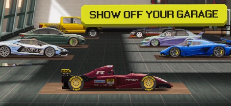 APEX Racer - 多彩な改造が施された車が並ぶガレージで、ユーザーはF1カーのようなレーシングマシンや、洗練されたスポーツカーのコレクションを披露できます。