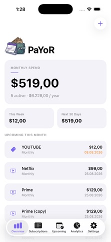 PaYoR: Track Subscriptions iPhone screenshot