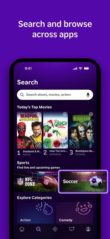 The Roku App (Official) - Facilita la exploración y descubrimiento de contenido con un campo de búsqueda unificado y categorías visuales como "Today's Top Movies" y "Sports".