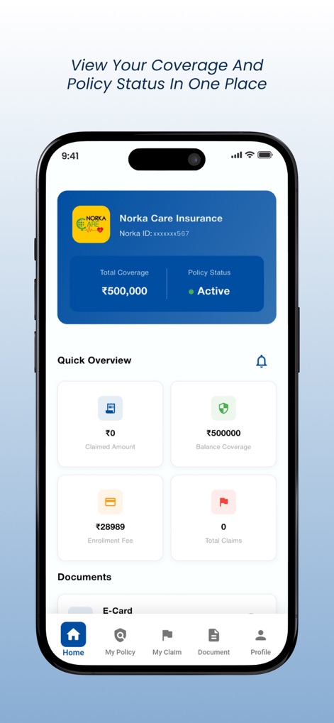 Norka Care Plus - The app presents a centralized dashboard where users can quickly review their "Policy Status" and "Total Coverage" for comprehensive insurance management.