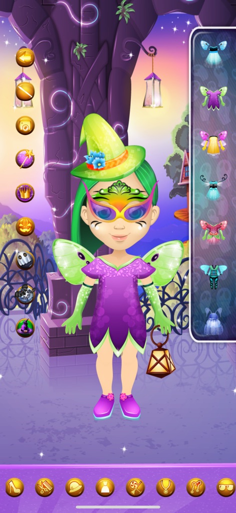 Halloween Face Paint Salon - Users can immerse themselves in whimsical transformations, showcasing a fairy character with enchanting butterfly wings and a decorative lantern in a fantasy garden.