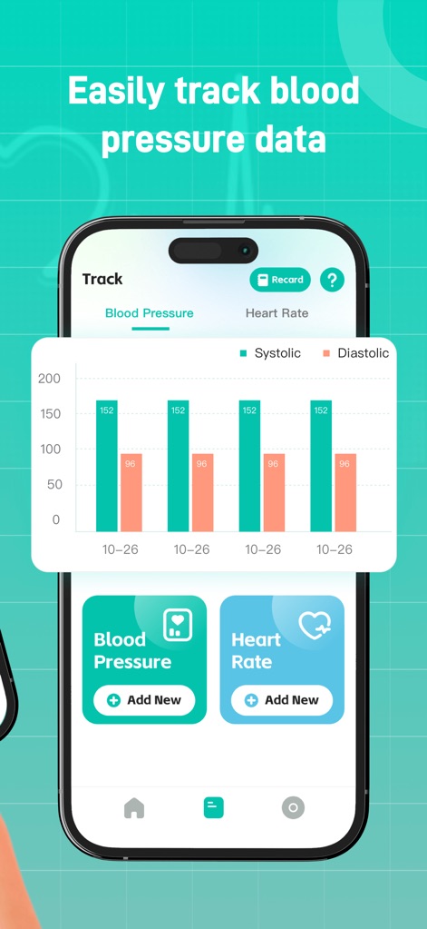 AlodBloodPressure:HealthRecord - This tool presents blood pressure data in intuitive bar graphs for easy trend analysis, alongside quick "Add New" buttons for efficient record keeping.