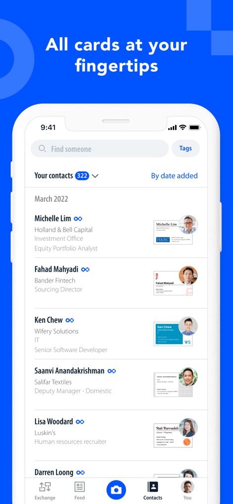 Eight: Business Card Manager - The app provides a comprehensive contact list view, allowing users to quickly find individuals through a search bar and categorize them with tags.