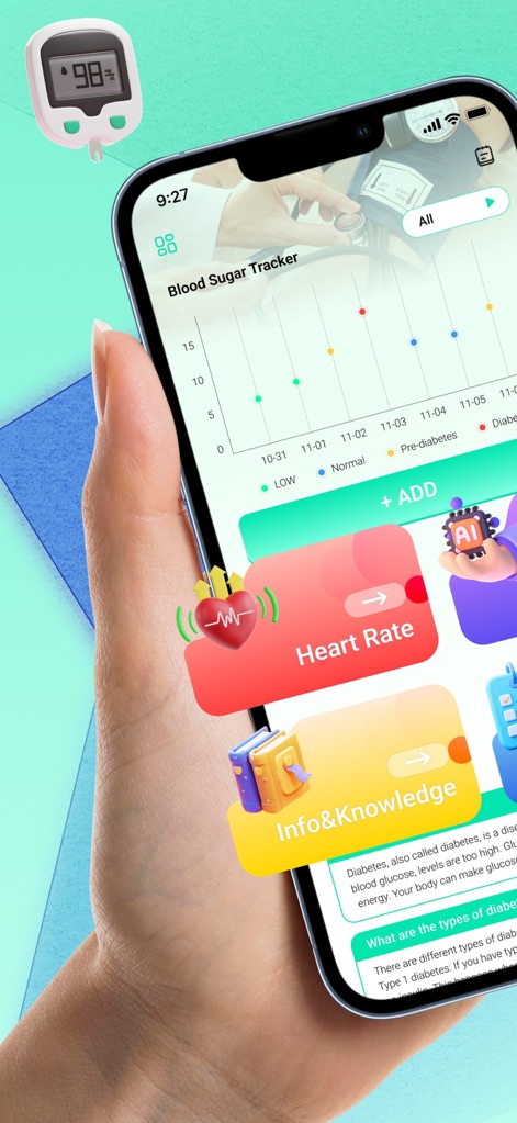 Blood Sugar Tracker-AI Health - The app presents a comprehensive blood sugar data graph for trend analysis and integrates an 'Info&Knowledge' section for immediate educational resources.