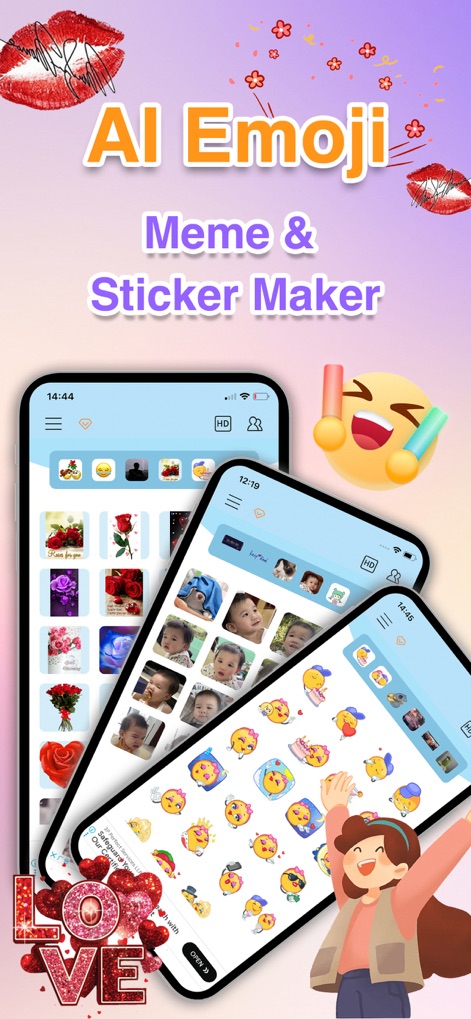 AI Emoji, Meme & Sticker Maker - Découvrez l'interface intuitive de l'application, proposant des onglets de catégories variées pour une exploration aisée et un affichage en haute définition des autocollants.