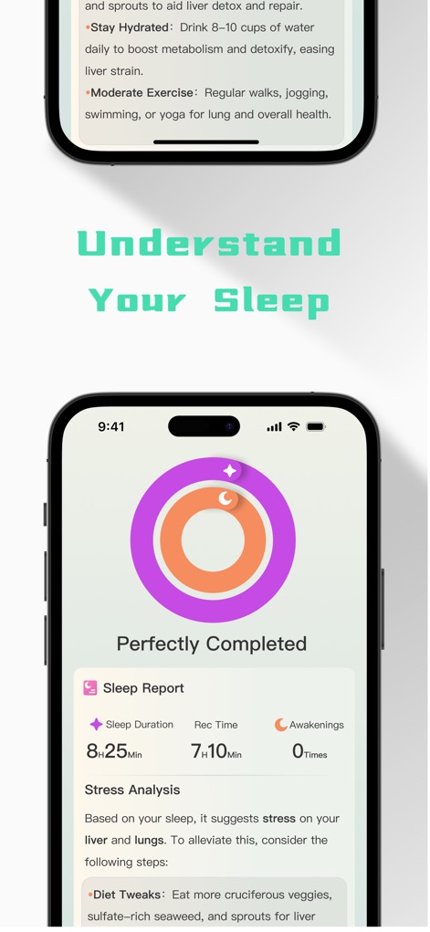 LemonHRV: Stress HRV for Watch - Access a detailed sleep report displaying duration and awakening times, complemented by a stress analysis that highlights organ impact and offers actionable advice.