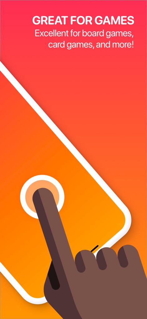 Chooser! - La imagen destaca la aplicación como una herramienta versátil para el entretenimiento, con un dedo apoyado en la pantalla que simboliza la interacción del usuario y el texto superior enfatizando su utilidad en 'board games, card games, and more'.