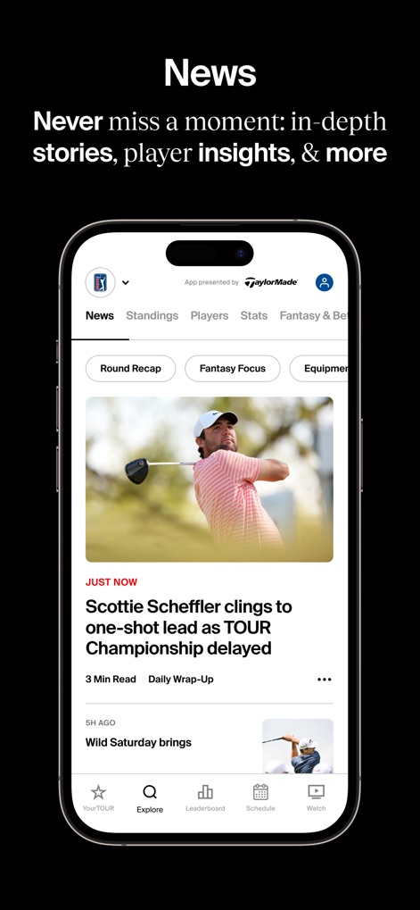 PGA TOUR - The app delivers the latest tour news through curated articles and recaps, complemented by convenient navigation to "Standings" and "Fantasy & Bets" sections.