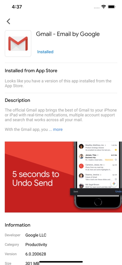 Google Device Policy - A detailed view of the Gmail app is provided, showcasing its description and a prominent visual feature like the "5 seconds to Undo Send" capability within the inbox interface.
