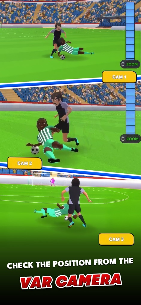 Referee Simulator 3D - The app provides multiple VAR camera angles and zoom controls, allowing users to meticulously review fouls and ensure accurate decision-making.