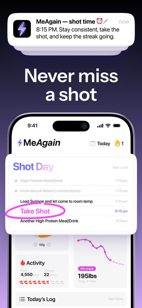 MeAgain: GLP-1 all-in-one app - The app ensures consistency with timely shot reminders and provides a detailed 'Shot Day' checklist, including steps like 'Take Shot'.