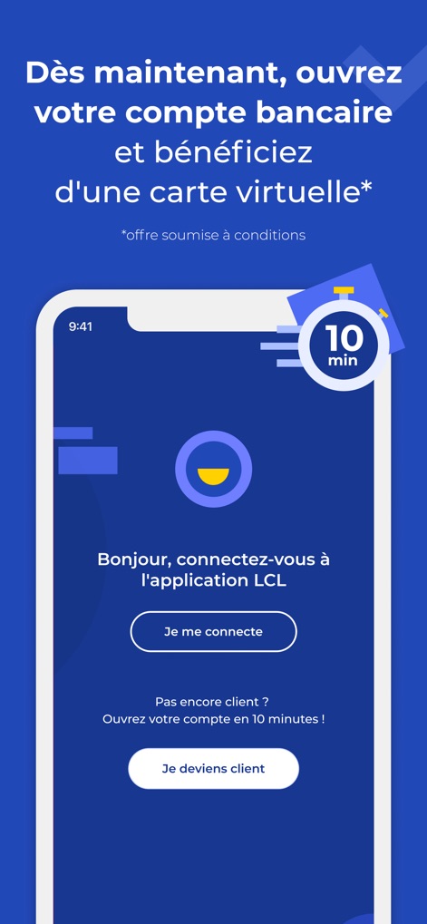 Mes Comptes - LCL - This tool streamlines account creation with a clear "Open your account in 10 minutes" prompt and direct "Je me connecte" and "Je deviens client" actions.