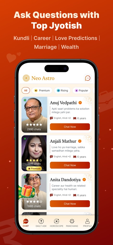 NeoAstro Daily Astrology App - Users can easily browse a curated list of top Jyotish and instantly connect with them via the 'Chat Now' button for personalized guidance.